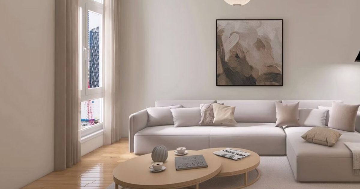 Sectional sofa and round coffee tables in a bright living room