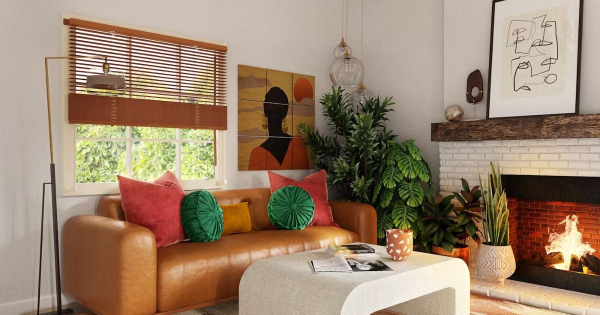 Bright living room with a sofa, coffee tables and pendant lights