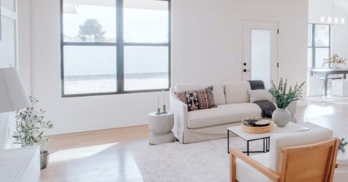 Bright living room with a sofa, armchair and large windows