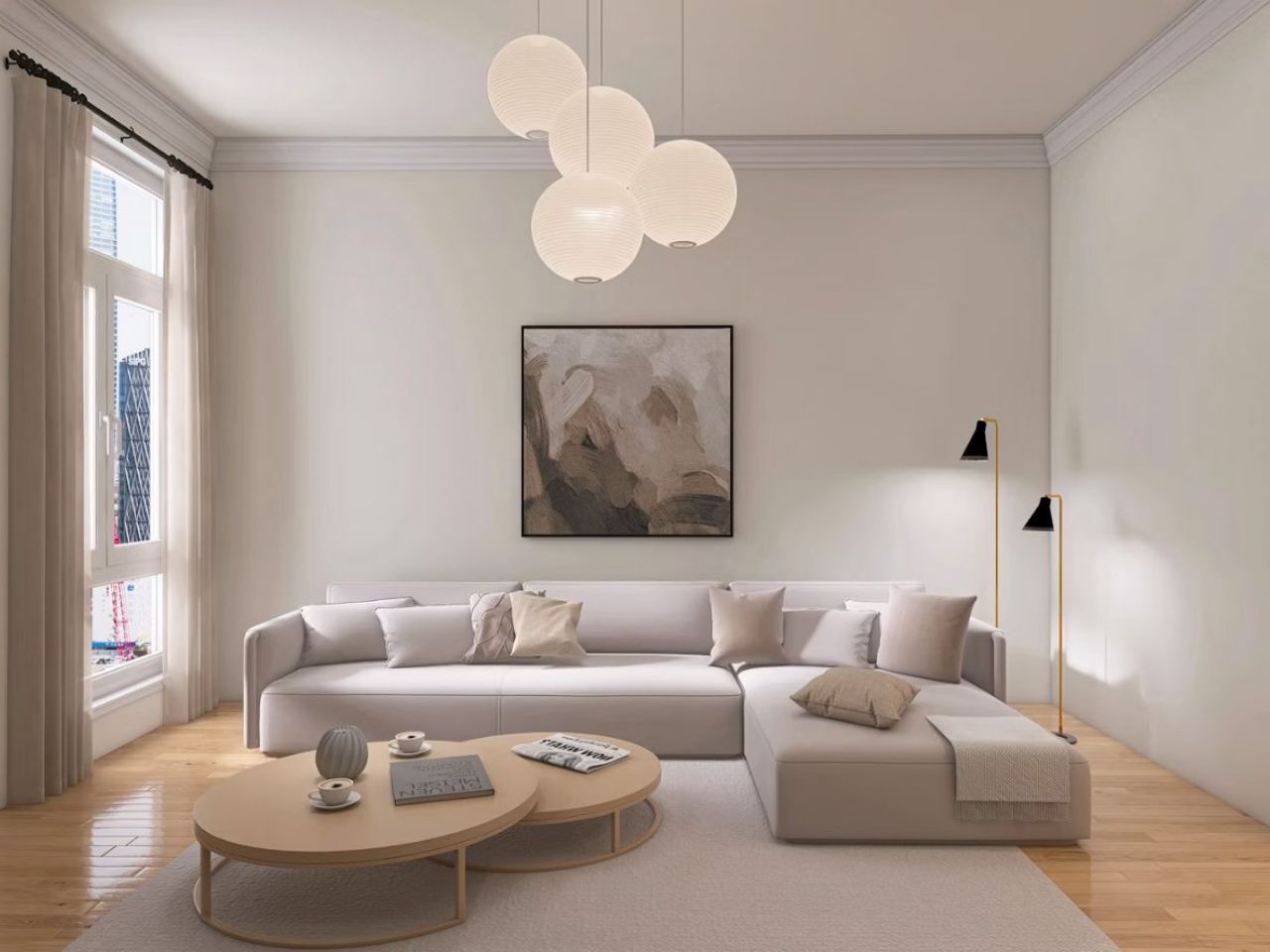 Bright, modern living room interior with a sofa and pendant lights